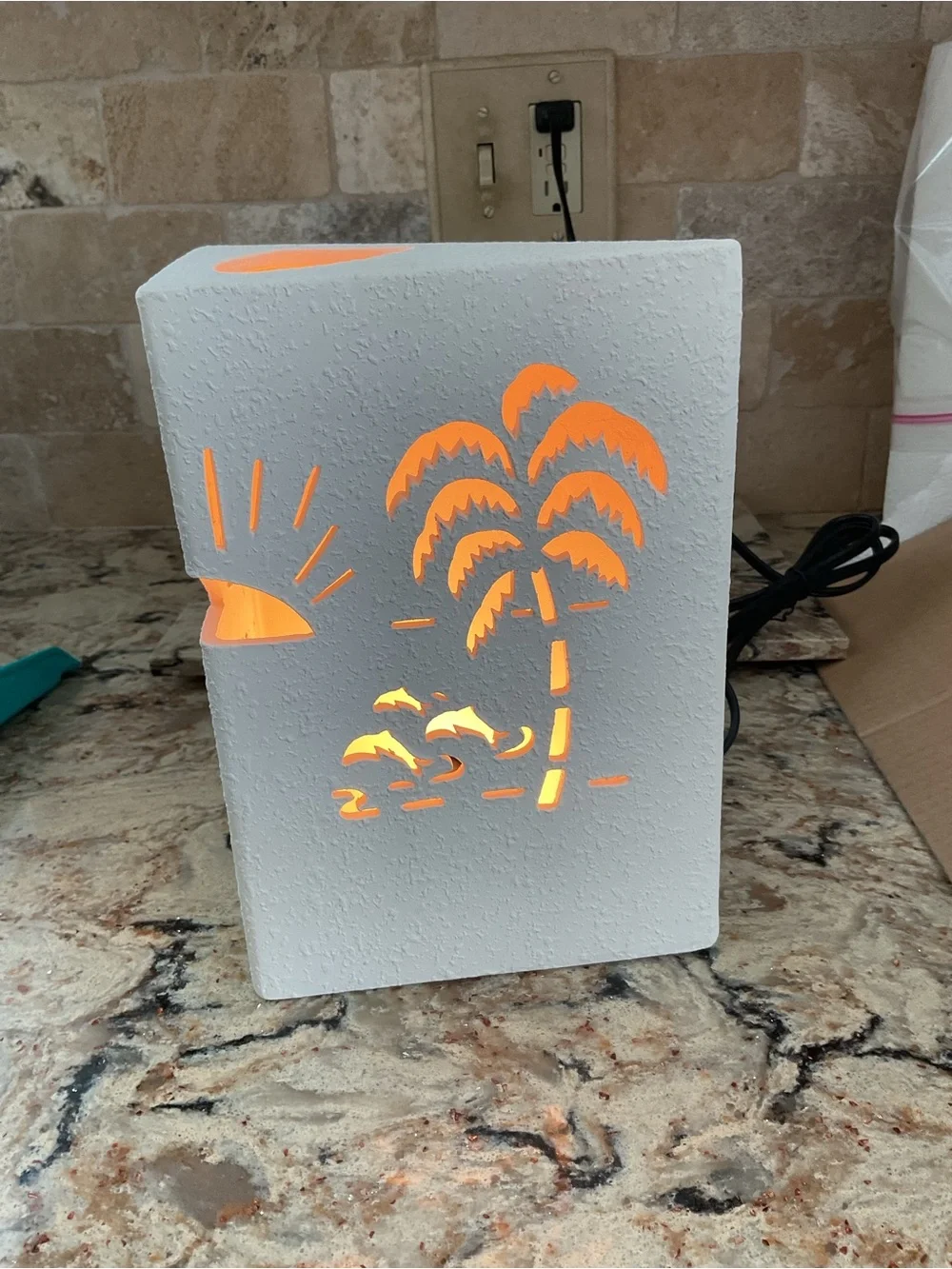 Cream Ceramic Tropical Palm Tree and Dolphin Cutout Wall Decor/Light